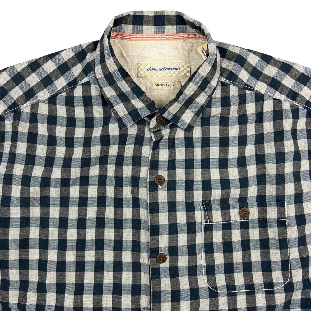 Tommy Bahama Shirt Men Large Navy Grey Silk Check Gingham Short Sleeve Button Up